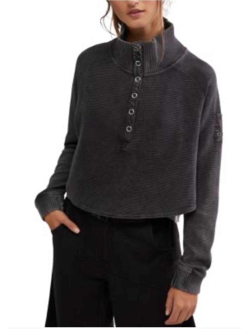 Cropped Ribbed Snap-Front Pullover Top - Dark Gray